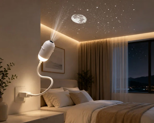 Galaxy Projector Night Light in bedroom projecting moon and stars on ceiling